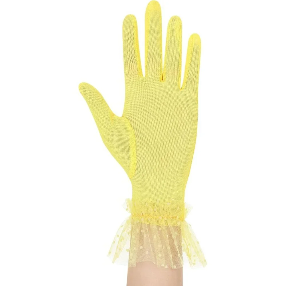 Women's Short Lace Yellow Tulle Sheer Mesh Tea Party Prom Gloves Banquet Costume